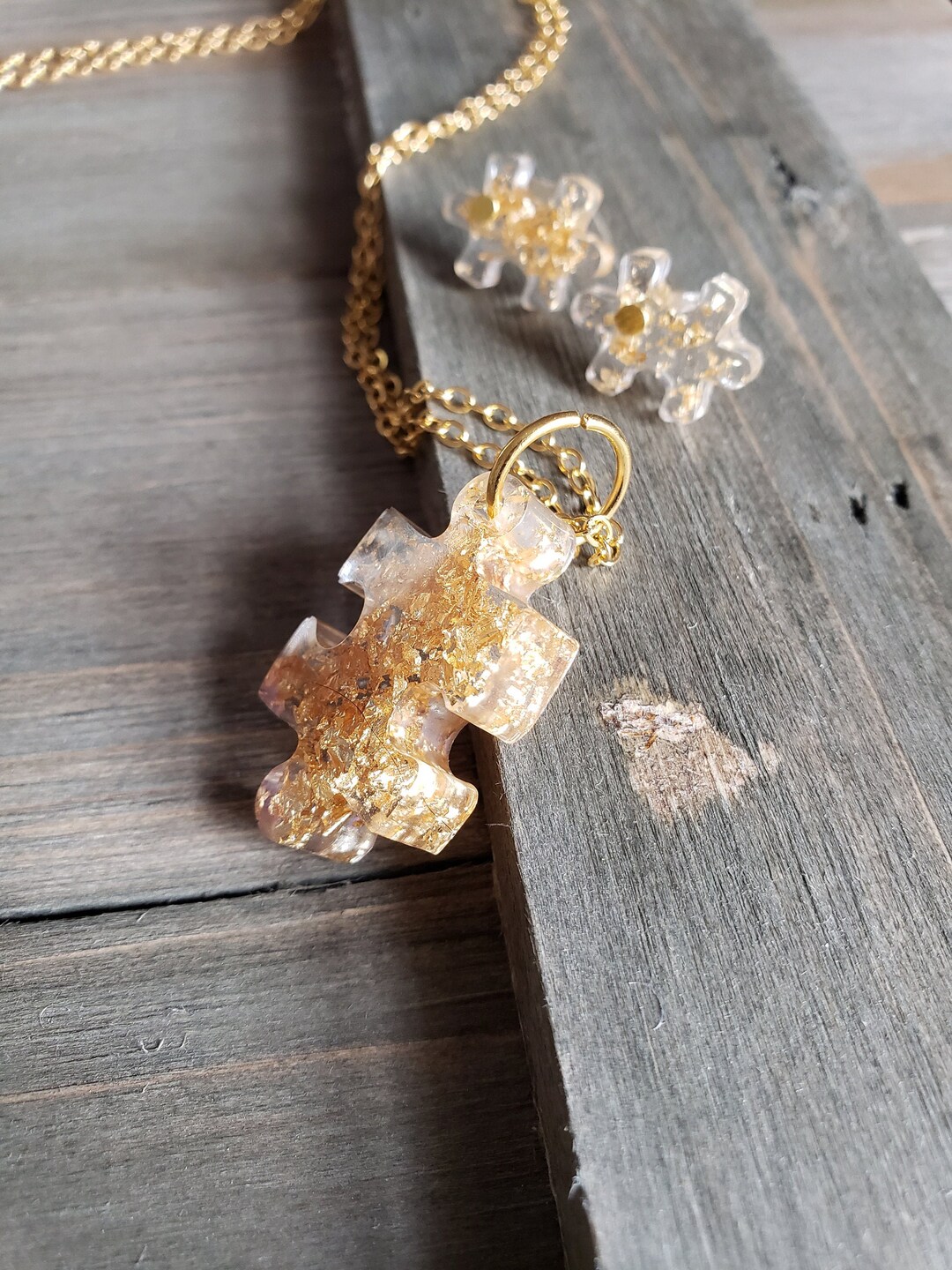 Gold Resin Puzzle Piece Jewelry Set Handmade Jewelry Resin Etsy