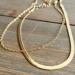 May include: Two gold necklaces, one is a thin chain and the other is a thicker, flat snake chain.