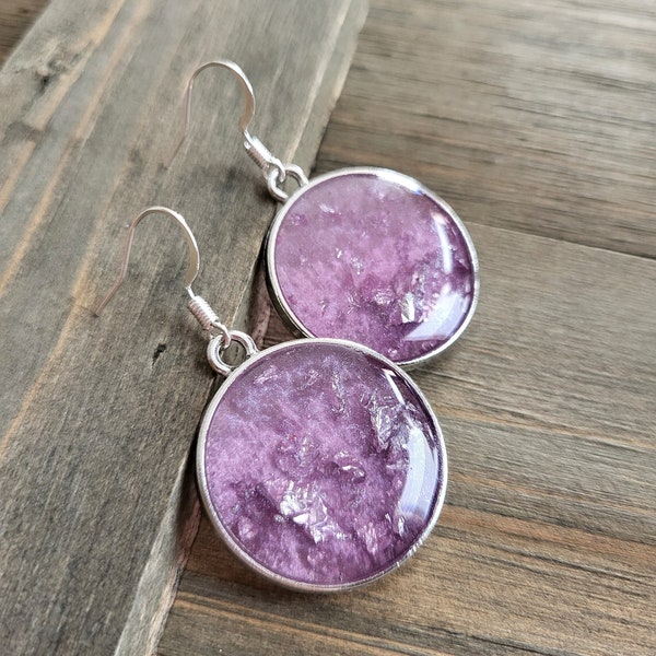 Purple Silver Flake Resin Earrings- Handmade Earrings- Silver Earrings- Lavender Earrings- Purple Earrings- Resin Dangle Earrings- Pastel