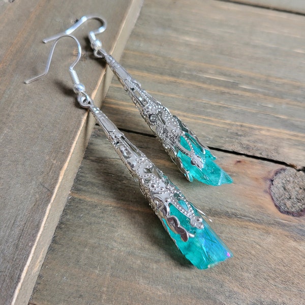 Elven Teal Blue Crystal Earrings- Handmade Earrings- Blue Earrings- Stone Earrings- Blue Crystal Earrings- Jewelry Gifts for Her- Earrings