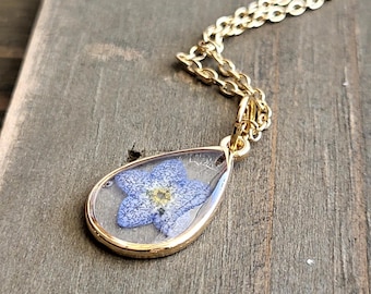 Puede incluir: Un collar de cadena dorada con un colgante en forma de lágrima que presenta una flor de nomeolvides azul prensada encapsulada en resina transparente.