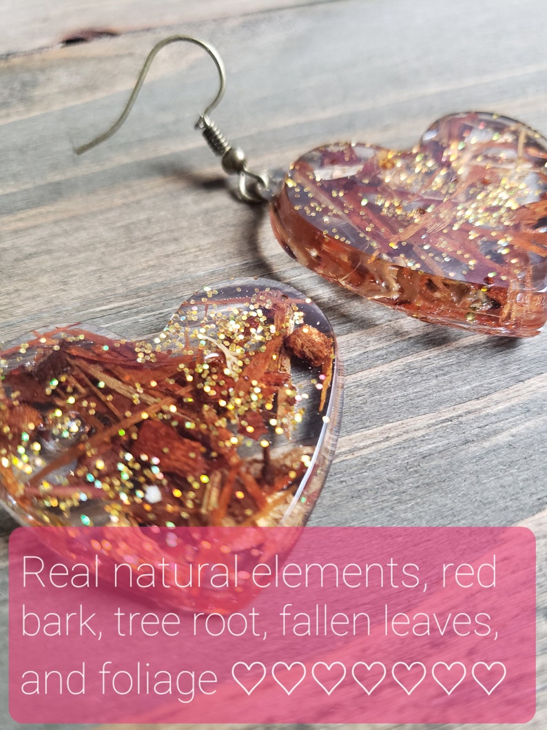 Nature Woodland Heart Earrings- Handmade Earrings- Resin Heart Earrings- Natural Earrings- Woods Jewelry- Woodland Jewelry- Hunter Earrings image 4