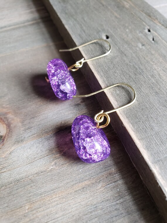 Boucles D'oreilles à Clips En Verre Et Métal Violine - Émaux, Travail D'artiste, Occasion