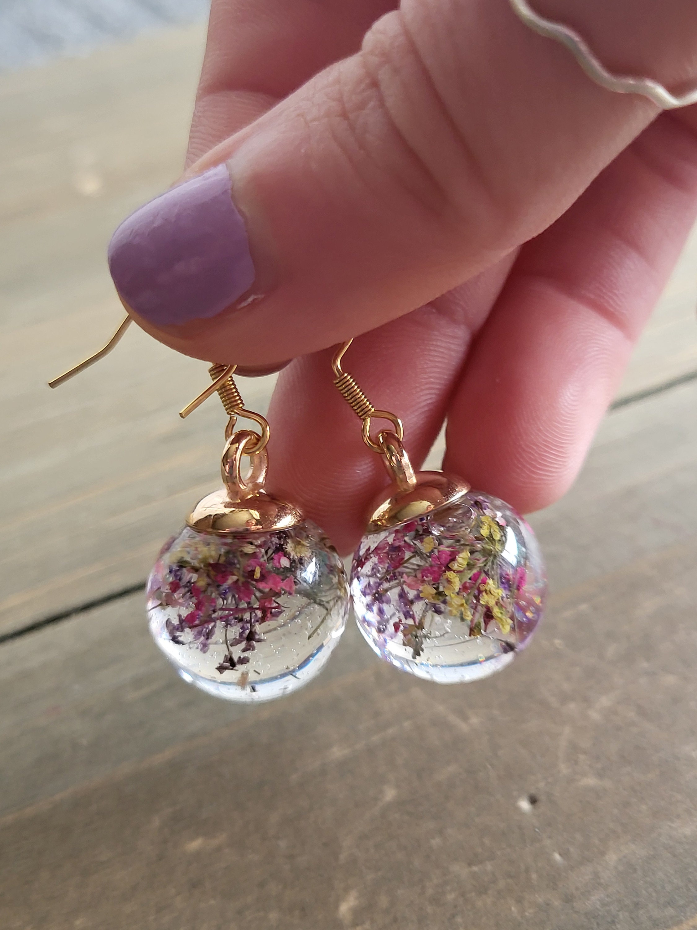 Unique Resin Ear Rings Rainbow Flower Ball Resin Earrings- Handmade Earrings- Gold Earrings ...