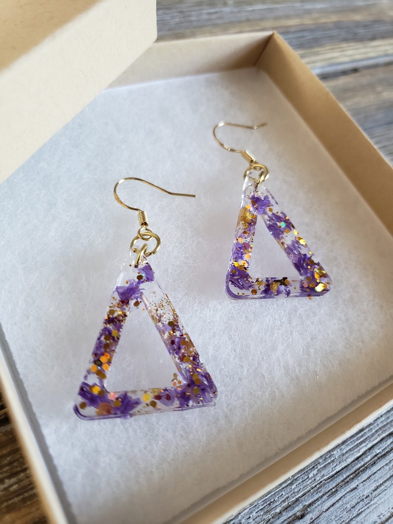 Real Flower Earrings Resin Flower Earrings Resin Purple Bell Flower Earrings Resin Triangle Earrings Purple Earrings Handmade Earrings