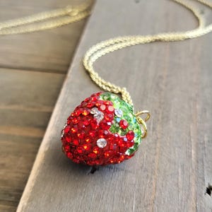 Glittering Strawberry Necklace- 18 Karat Gold Necklace Chain- Real Gold Necklace- Glass Necklace- Rhinestone Strawberry Necklace- Gold