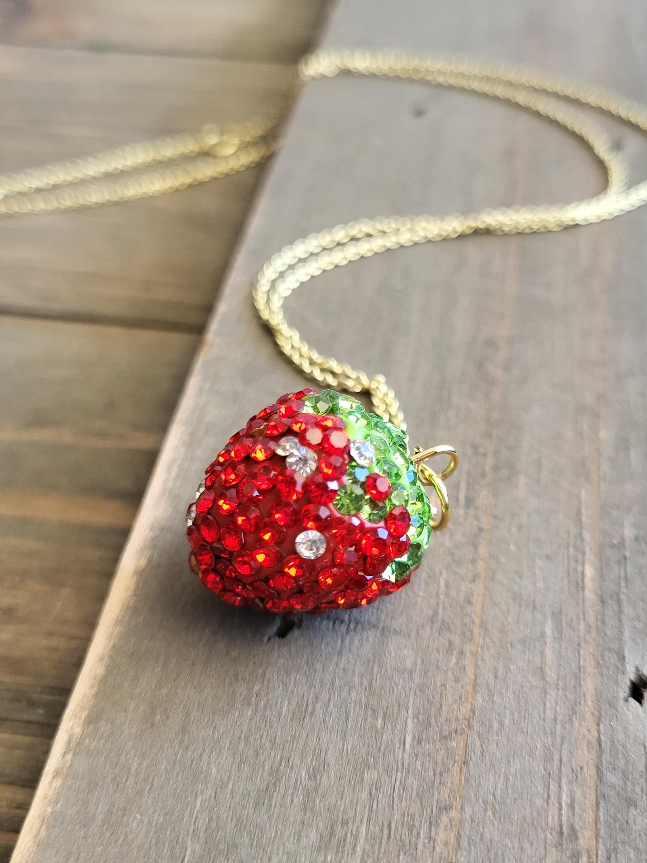 Glittering Strawberry Necklace- 18 Karat Gold Necklace Chain- Real