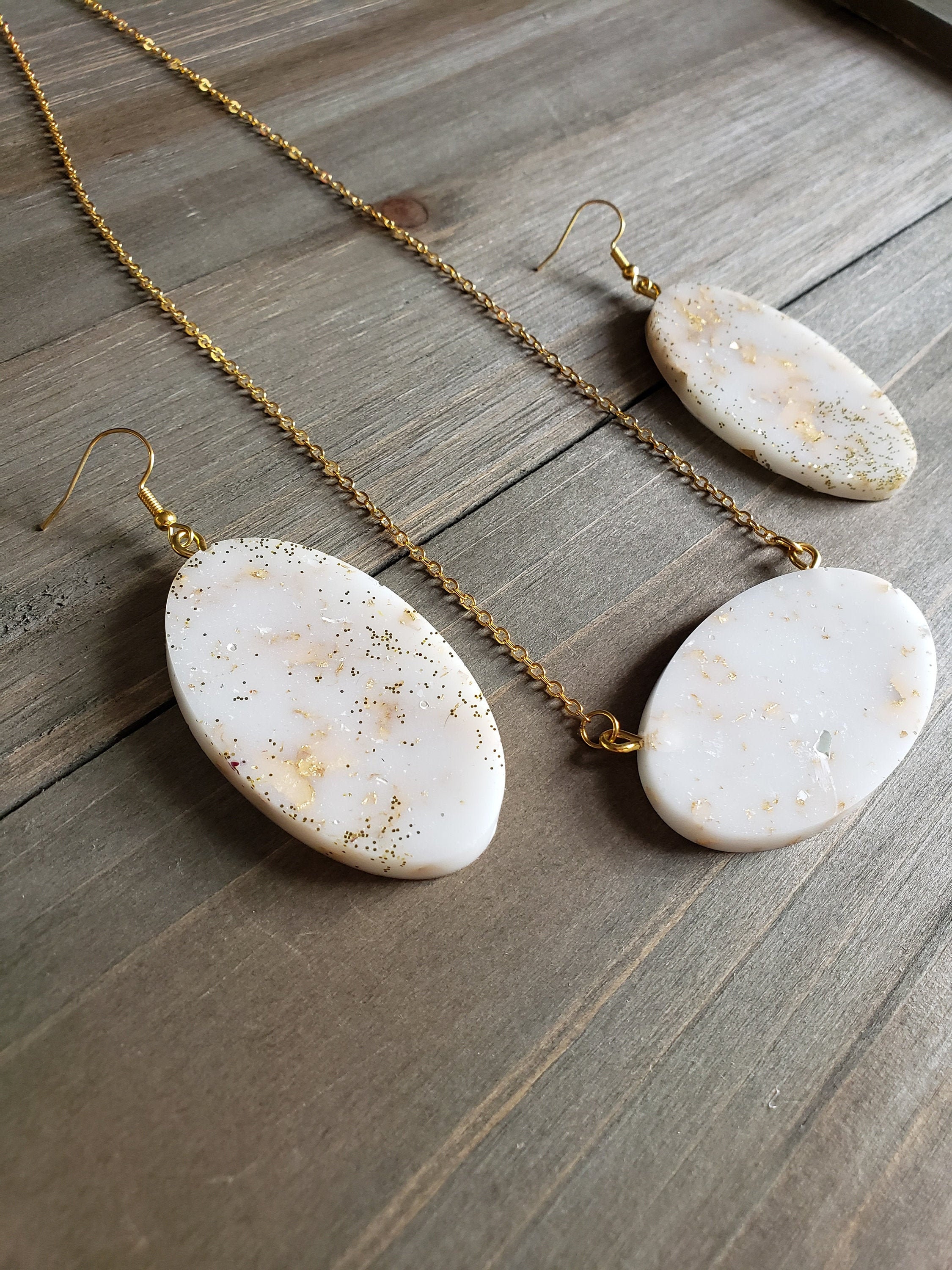 White Marble Resin Jewelry Set Handmade Earrings Resin Etsy