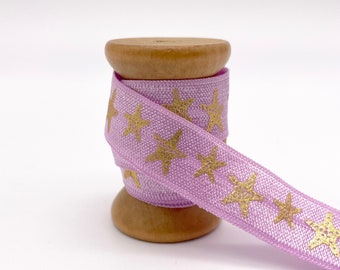 15mm x 1 Meter Gummiband Elastikband elastisches Falzgummi Schrägband JGA Haargummis Hairties Sterne Stars flieder gold M1038 DIY