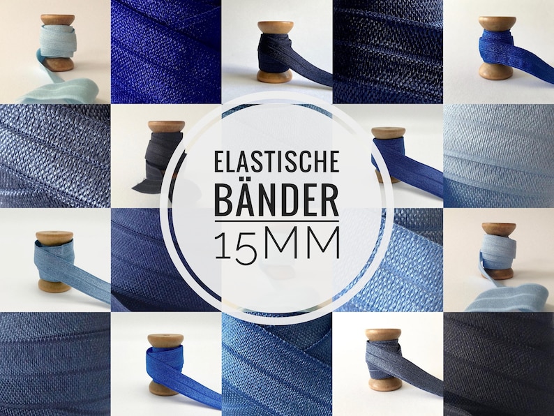 1,45EUR/m 15mm x 2 Meter Gummiband nähen plotten Einfassband elastisches Falzgummi Schrägband Haargummis Hairties elasticribbon Blautöne Bild 1