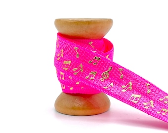 15mm x 1 Meter DIY Gummiband Elastikband elastisches Falzgummi  Festivalarmband  Noten Musiknoten music notes neonpink gold m1327