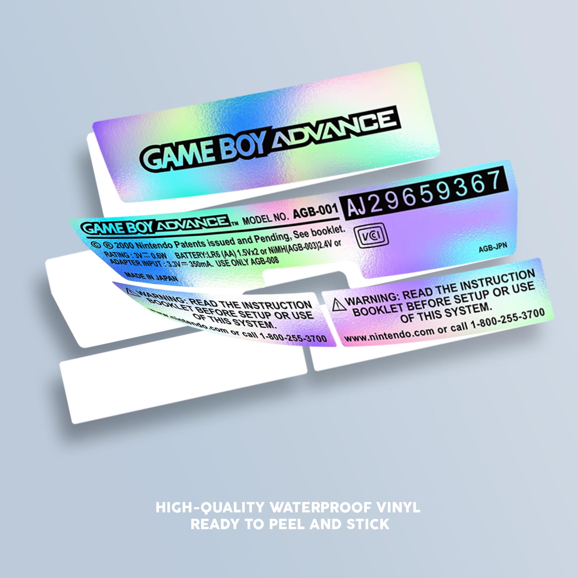 Gameboy Advance GBA Sticker Sheet - Unique Serials and Rear Sticker / Label - Full Holographic or Clear
