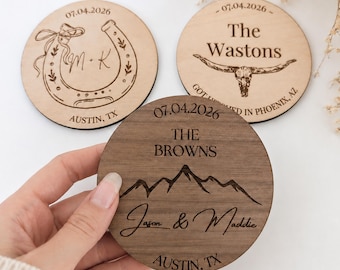 Personalized Country Wedding Coasters Custom Engraved Wedding Favors Bulk Guest Keepsake Cowgirl Wedding Table Setting