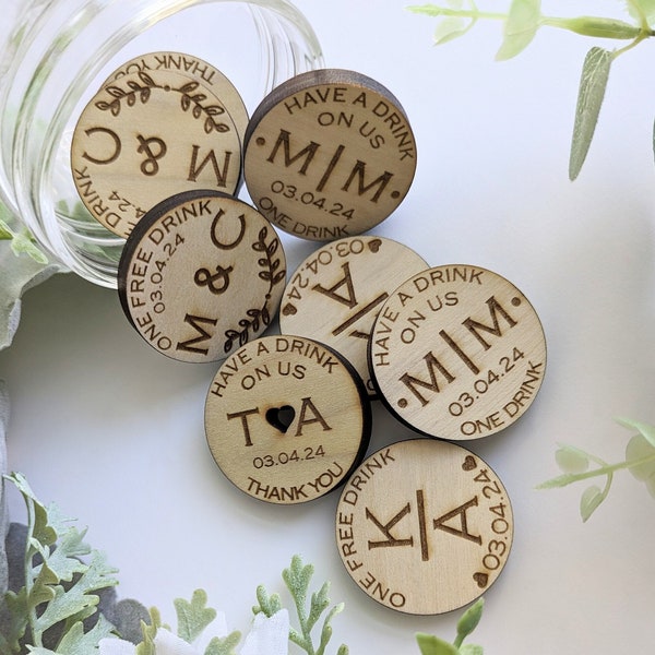 Personalized Wedding Drink Tokens Custom Bar Chips For Wedding Reception Cocktail Hour Wood Tokens Customizable Ticket Party Favours