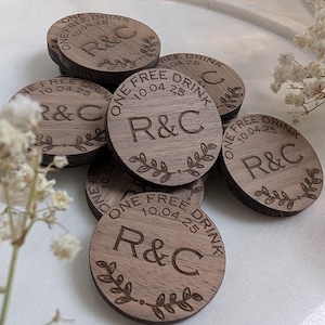 Custom Tokens Good For One Free Drink Wedding Drink Token Rustic Wedding Cocktail Hour Personalized Drink Ticket Rehearsal Dinner Bar Chip