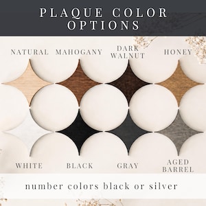 May include: A display of eight star-shaped wooden plaques in various finishes labeled Natural, Mahogany, Dark Walnut, Honey, White, Black, Gray, and Aged Barrel. The text reads PLAQUE COLOR OPTIONS and number colors black or silver.