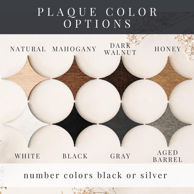 May include: A display of eight star-shaped wooden plaques in various finishes labeled Natural, Mahogany, Dark Walnut, Honey, White, Black, Gray, and Aged Barrel. The text reads PLAQUE COLOR OPTIONS and number colors black or silver.