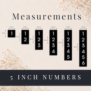 May include: A set of six black rectangular signs featuring white numbers. The signs range from 5.5 inches wide by 8 inches high to 5.5 inches wide by 36 inches high. The text reads Measurements and 5 INCH NUMBERS, with numbers 1 through 6 displayed.