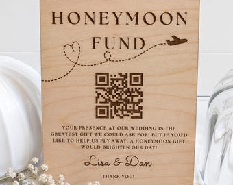 Honeymoon Fund QR Code Sign Custom Wooden Wedding Gift Table Decor Venmo Payment Sign