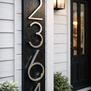 A Vertical modern house number sign featuring the modern silver metal numbers "2364", Mounted onto a wooden black rectangular 24 in x 5.5 in x 1/2 in thick plaque. The sign is set against a white exterior wall, with a black door and a small light fixture next to the front door.