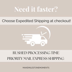 May include: A graphic with text that reads "Need it faster? Choose Expedited Shipping at checkout!" and "RUSHED PROCESSING TIME PRIORITY MAIL EXPRESS SHIPPING." A white delivery truck graphic is also included.