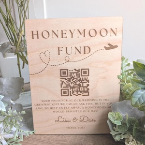 Honeymoon Fund QR Code Sign Personalized Wedding Table Decorations Wooden Wedding Sign Custom Venmo QR Code Sign Gift Wedding Table Signs
