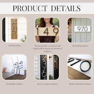 Product details of modern house number sign. Options include vertical and horizontal styles, with 5 inch tall silver or black numbers. Measurements are 5.5 inches wide, with the length varying based on the number of digits. Sizes are from 6 in x 5.5 in x 1/2 in thick up to 36 in x 5.5 in x 1/2 in thick. The address signs custom made and are beautifully crafted.