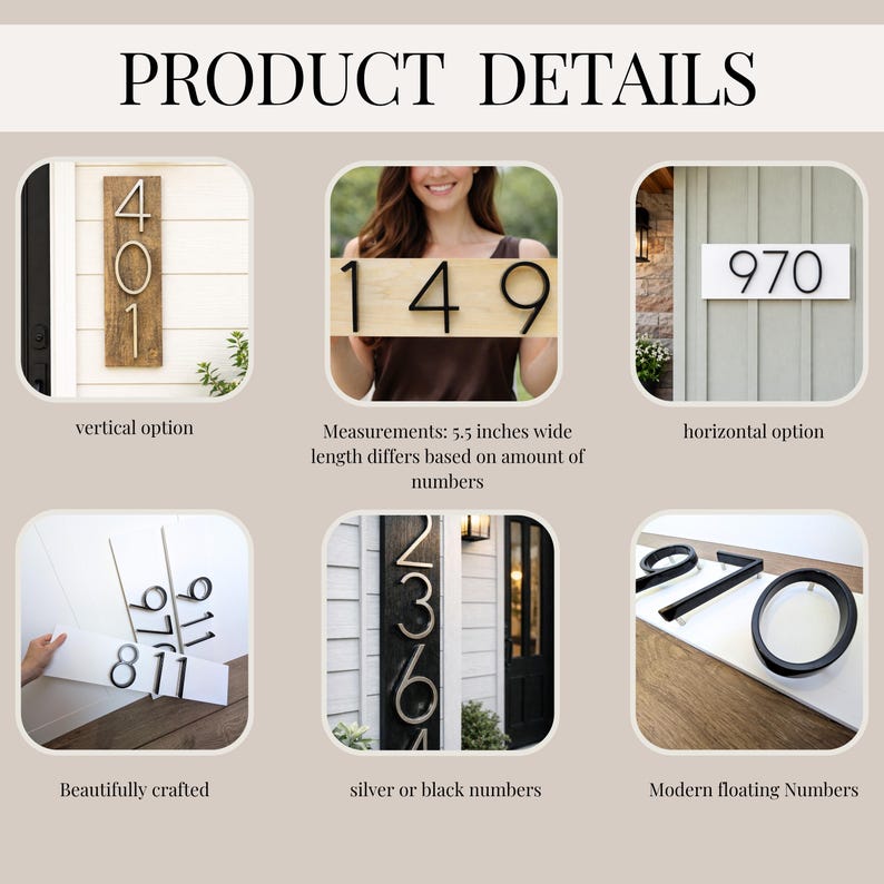 Product details of modern house number sign. Options include vertical and horizontal styles, with 5 inch tall silver or black numbers. Measurements are 5.5 inches wide, with the length varying based on the number of digits. Sizes are from 6 in x 5.5 in x 1/2 in thick up to 36 in x 5.5 in x 1/2 in thick. The address signs custom made and are beautifully crafted.