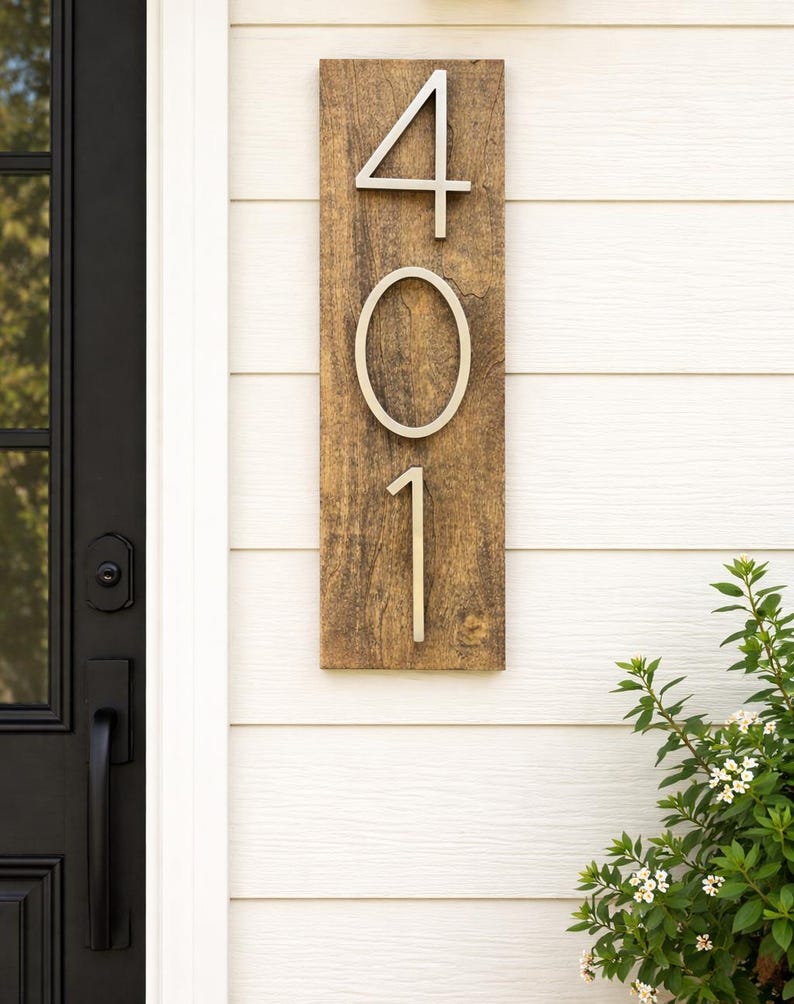 A Vertical modern house number sign featuring the modern silver metal numbers "401", Mounted onto a wooden warm honey stained rectangular 18 in x 5.5 in x 1/2 in thick plaque. The sign is set against a cream exterior wall. Potted plants below on the patio to the right of the address sign and  a black front door to the left.