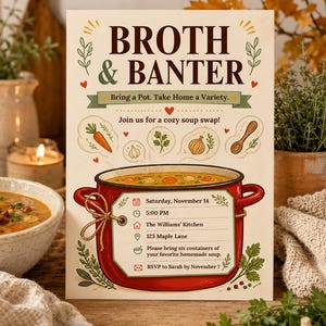 May include: A cream-colored event invitation titled Broth & Banter featuring a large red soup pot illustration. The text includes event details for Saturday, November 14 at 5:00 PM at The Williams' Kitchen, 123 Maple Lane, with RSVP instructions.