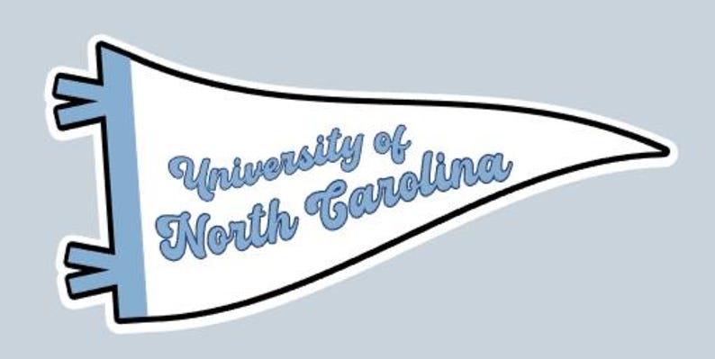 Peut inclure: Un fanion blanc avec le texte "University of North Carolina" en &eacute;criture bleu clair. Le fanion a un contour noir et des accents bleu clair, sur fond gris clair.