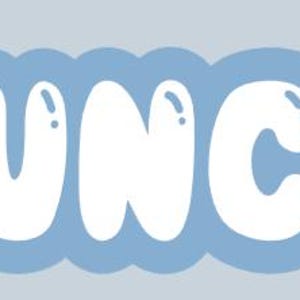 Peut inclure: Les lettres blanches "UNC" en forme de bulles sont plac&eacute;es sur un fond bleu clair en forme de nuage, avec un arri&egrave;re-plan gris clair. Les lettres ont un effet brillant, et le design est simple et ludique.