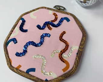 Sequins Squiggly Lines Embroidery Hoop Art 5 Inch