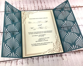 DARK TEAL BLUE Wedding invitations laser cut,Laser Cut Wedding Invitation,Laser Cut Wedding,lasercut wedding invitation,gatefold invitation