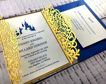 Gold/Royal Blue Wedding Invitation laser cut,Laser Cut Invitations, Laser Cut Cards,lasercut wedding invitation,gatefold invitation,blue