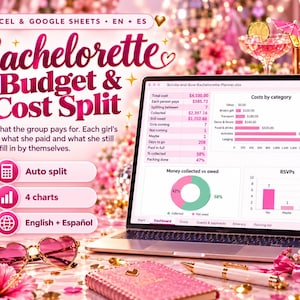 Peut inclure: Un ordinateur portable affichant une feuille de calcul Bachelorette Budget and Cost Split pour Excel et Google Sheets. L'écran présente des données financières, des graphiques et un suivi des RSVP. Texte : 'EXCEL & GOOGLE SHEETS', 'Auto split', '4 charts', 'English + Español'.
