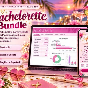 May include: A digital bachelorette party planning bundle featuring a laptop displaying a budget spreadsheet and a smartphone showing an event invitation for Sofia's last fiesta. Includes text: Bachelorette Bundle, Cost split, Excel & Sheets, English + Español.