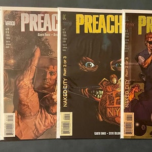 May include: A set of five comic books featuring the title "Preacher" with different covers. The covers feature a variety of characters and scenes, including a man with a eyepatch, a man with a gun, and a man with a pool cue. The covers are all in a dark, gritty style.