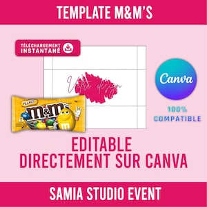 Könnte beinhalten: Ein rosa-weißes Grafikdesign-Template mit dem Text "TEMPLATE M&M'S". Es enthält eine Packung M&M's Peanut-Bonbons, das Canva-Logo und den Text "EDITABLE DIRECTEMENT SUR CANVA".
