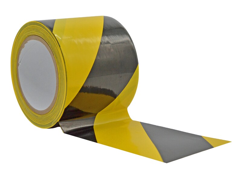 May include: A roll of yellow and black striped caution tape. The tape is rolled up and has a black and yellow striped pattern.