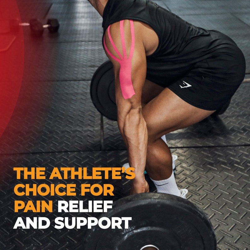 May include: A person wearing pink kinesiology tape on their shoulder while lifting weights in a gym. The text "THE ATHLETE'S CHOICE FOR PAIN RELIEF AND SUPPORT" is displayed below the image.