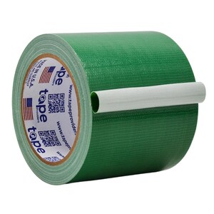 May include: A roll of green duct tape with a white label that says "Tape Providers" and has a website address and QR code. The tape is made in the USA.