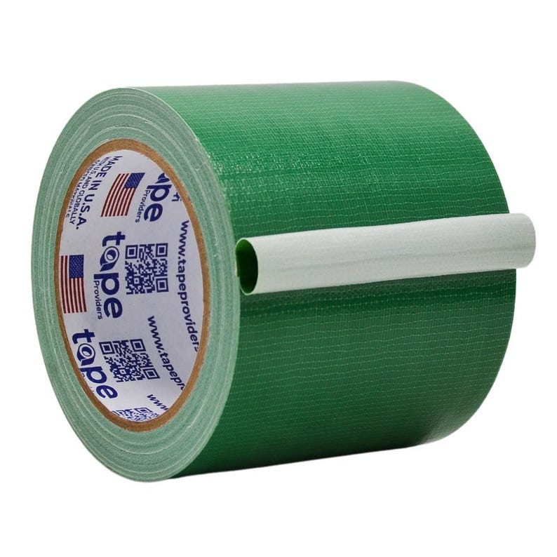 May include: A roll of green duct tape with a white label that says "Tape Providers" and has a website address and QR code. The tape is made in the USA.
