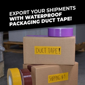 May include: Two cardboard boxes are stacked on top of each other. The top box has a yellow label that says "DUCT TAPE!" and is secured with a purple duct tape. The bottom box has a yellow label that says "SHIPPING #1".  Two rolls of duct tape are in the foreground, one is yellow and the other is brown.