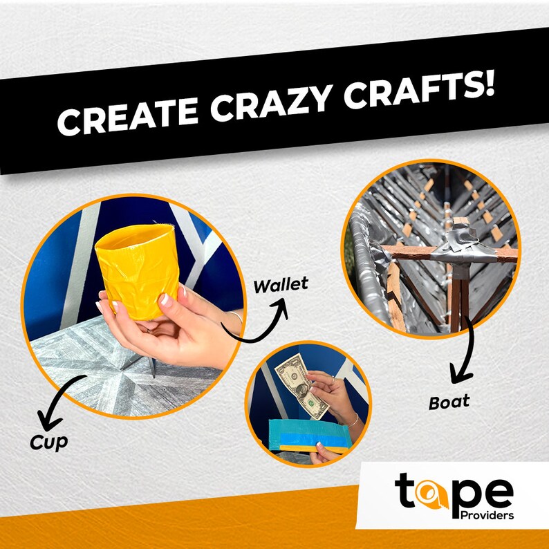 May include: Create crazy crafts with tape! A yellow cup, a wallet, and a boat are made with tape. The text "tape Providers" is at the bottom of the image.