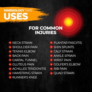 May include: A black and red graphic with the text "KINESIOLOGY TAPE USES FOR COMMON INJURIES" and a list of common injuries that kinesiology tape can be used for, including neck strain, shoulder pain, tennis elbow, back pain, carpal tunnel, gluteus pain, Achilles tendonitis, hamstring strain, runner's knee, plantar fasciitis, shin splints, calf strain, ankle sprain, wrist pain, golfer's elbow, rib pain, and quad strain.