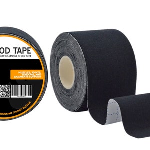 May include: A roll of black athletic tape with a white core. The label on the roll reads "WOD TAPE" and "we'll provide the adhesive for your need". The label also says "Tape", "MUSCLES, JOINTS, TENDONS, AND LIGAMENTS SUPPORT", "LATEX FREE / WATER RESISTANT / HIGHLY ELASTIC".