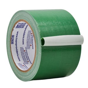May include: A roll of green duct tape with a white core. The tape has a woven texture and is labelled with the text "tapeproviders.com" and a warning about California Proposition 65.