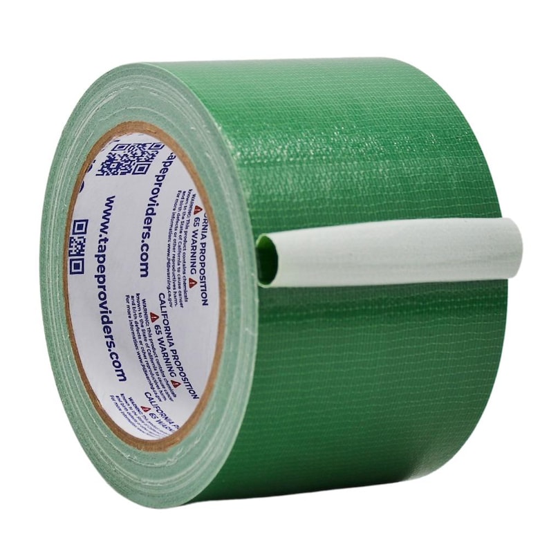 May include: A roll of green duct tape with a white core. The tape has a woven texture and is labelled with the text "tapeproviders.com" and a warning about California Proposition 65.