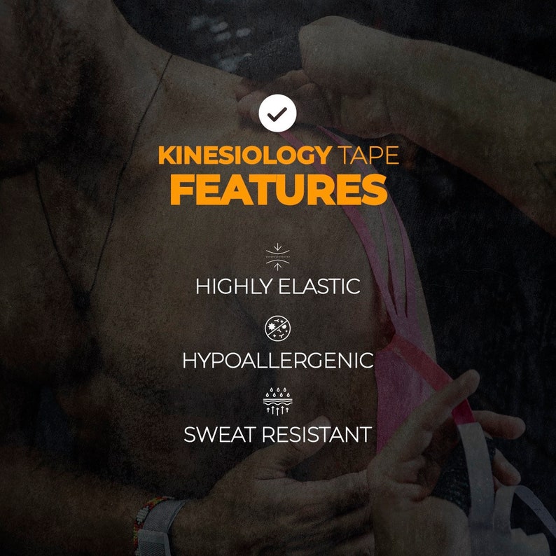 May include: Kinesiology tape features: highly elastic, hypoallergenic, and sweat resistant. The tape is pink and is being applied to a person's shoulder.